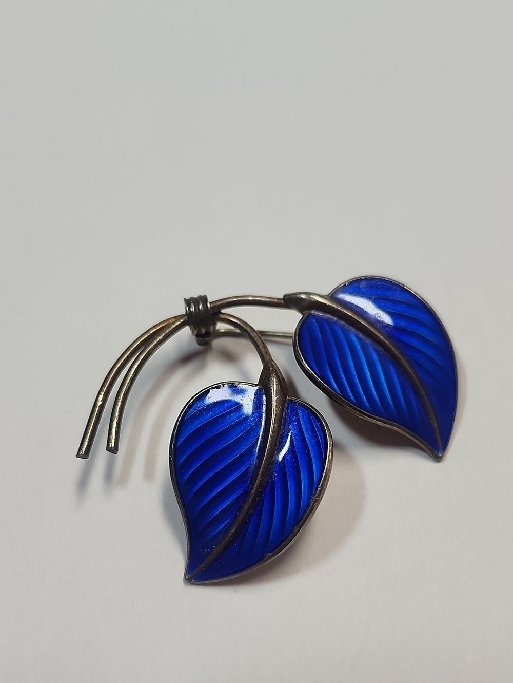 Sterling Norway Hans Myhre MCM Modernist ROYAL BLUE LEAF Guilloche Enamel Vtg